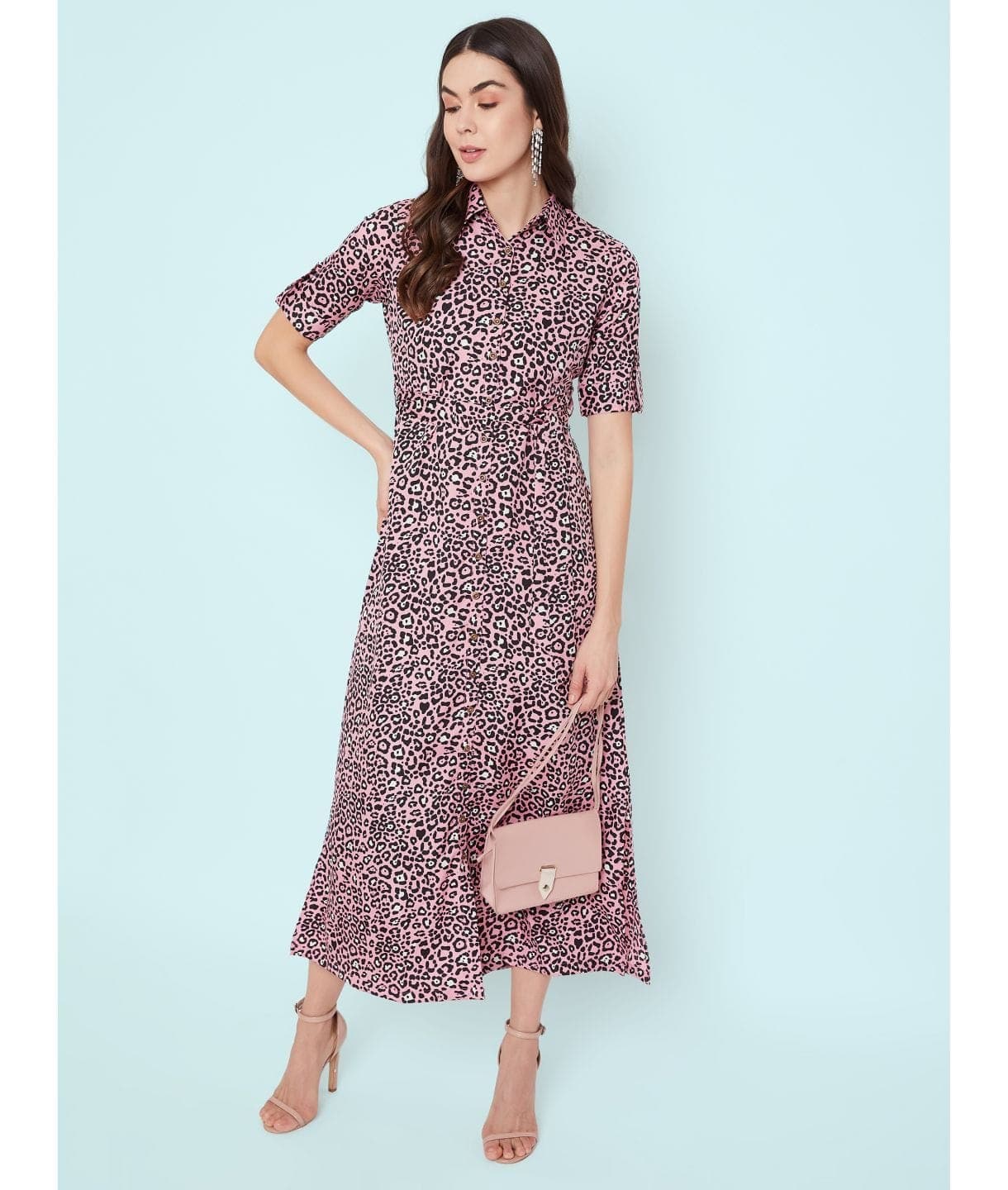 Collar Buttoned Down Shirt Maxi Dress - Pinkkup