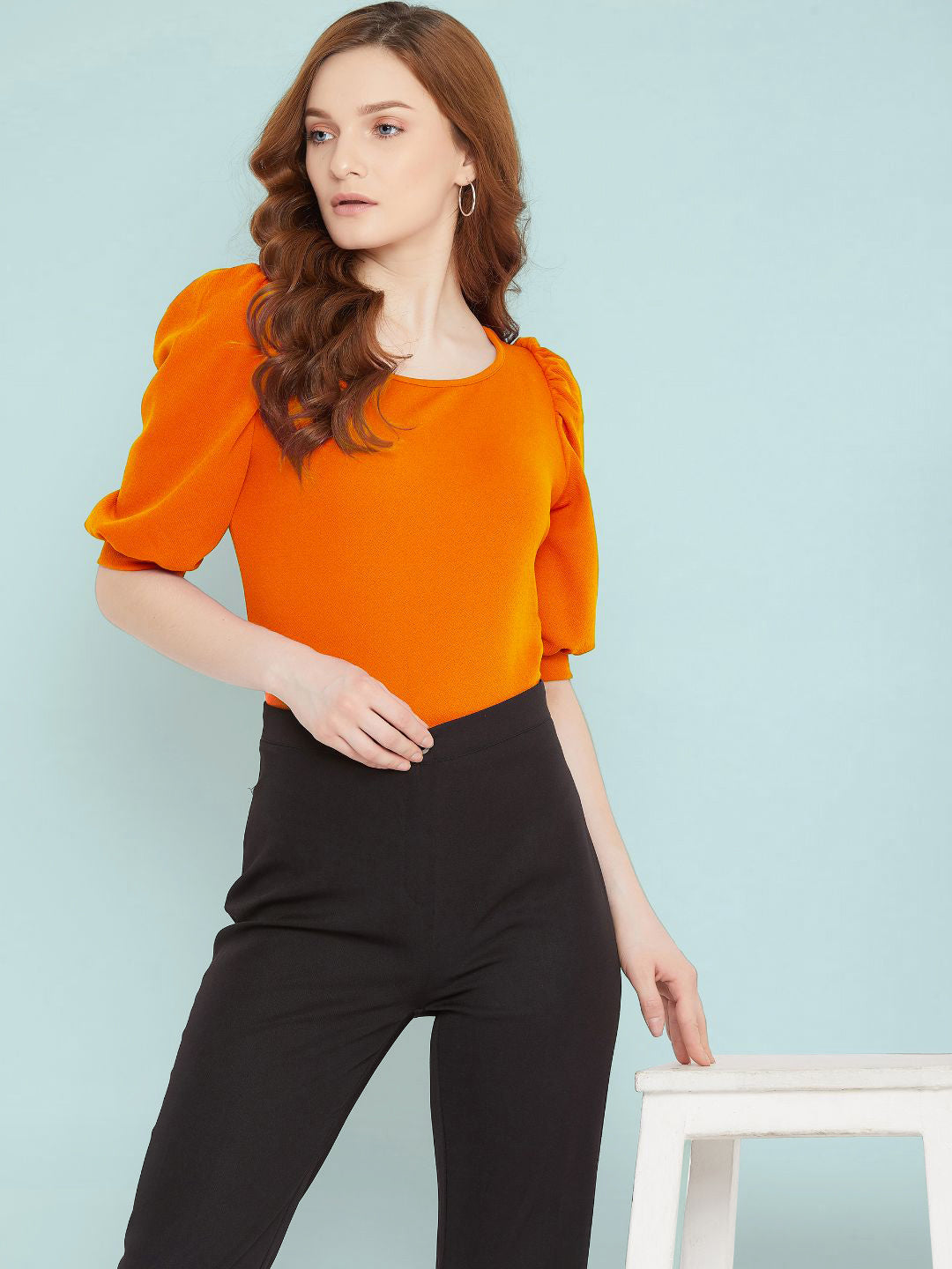 Cotton Solid Stretchable Round Neck Puff Sleeve Top - Pinkkup