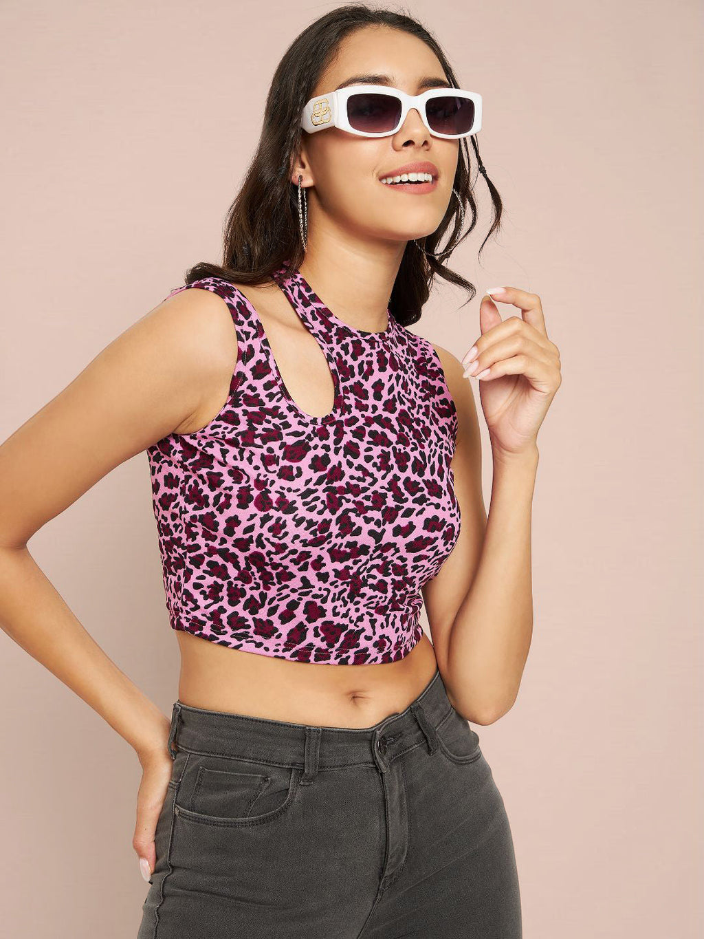 Printed Cotton Stretchable Shoulder Cutout Crop Top - Pinkkup