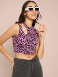 Printed Cotton Stretchable Shoulder Cutout Crop Top - Pinkkup