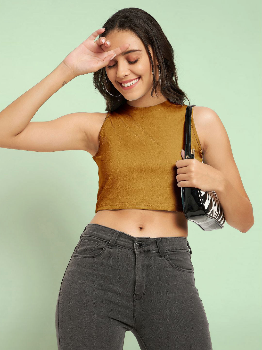 Cotton Stretchable High Neck Crop Top - Pinkkup