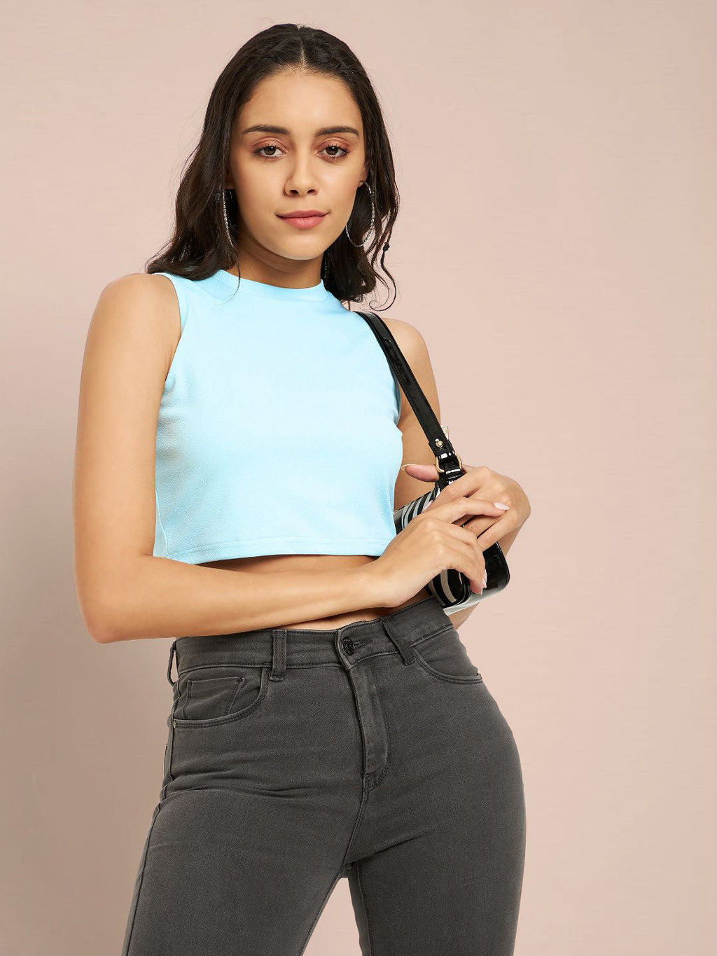 Cotton Stretchable High Neck Crop Top - Pinkkup