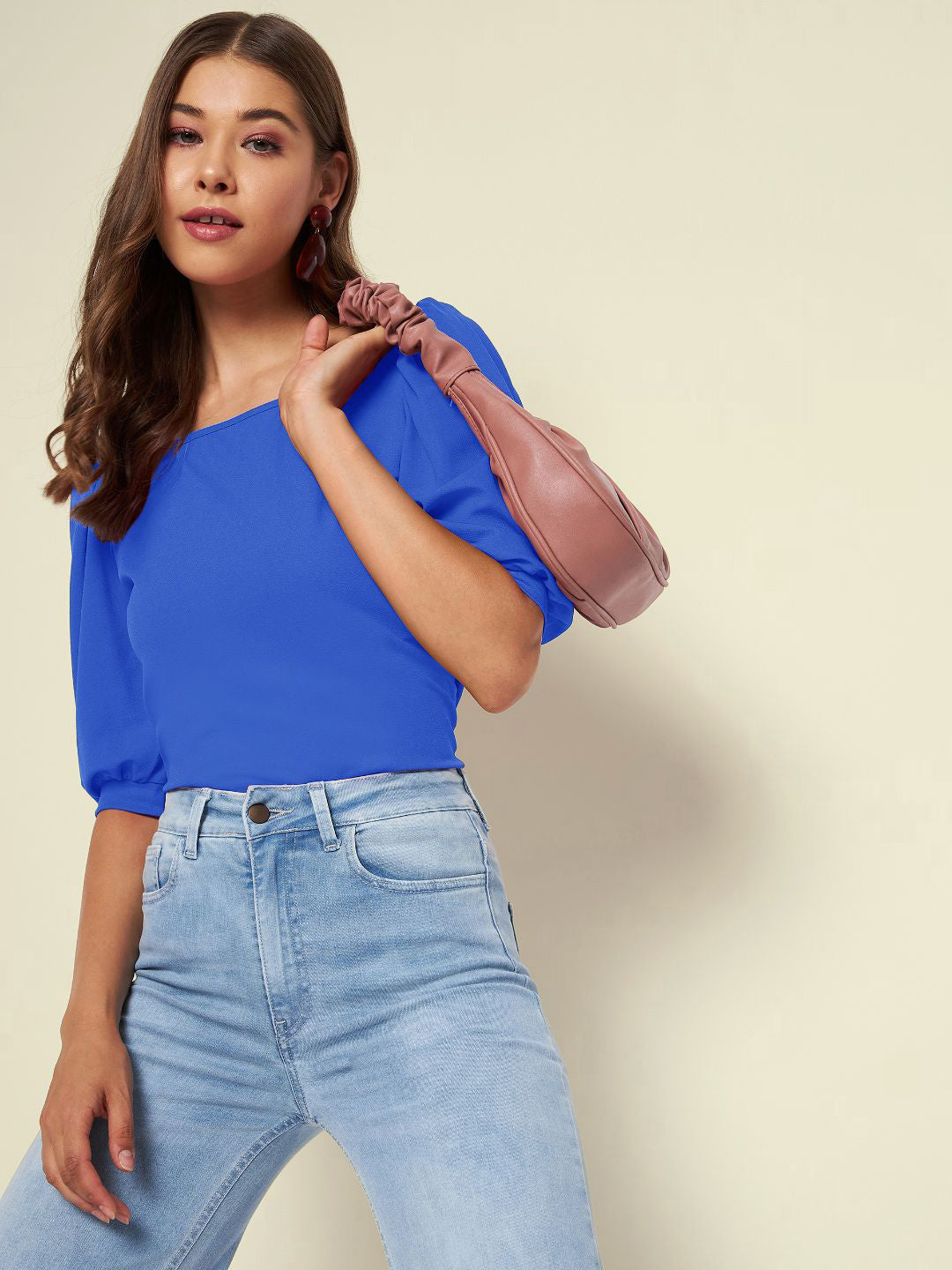 Cotton Solid Stretchable Round Neck Puff Sleeve Top - Pinkkup