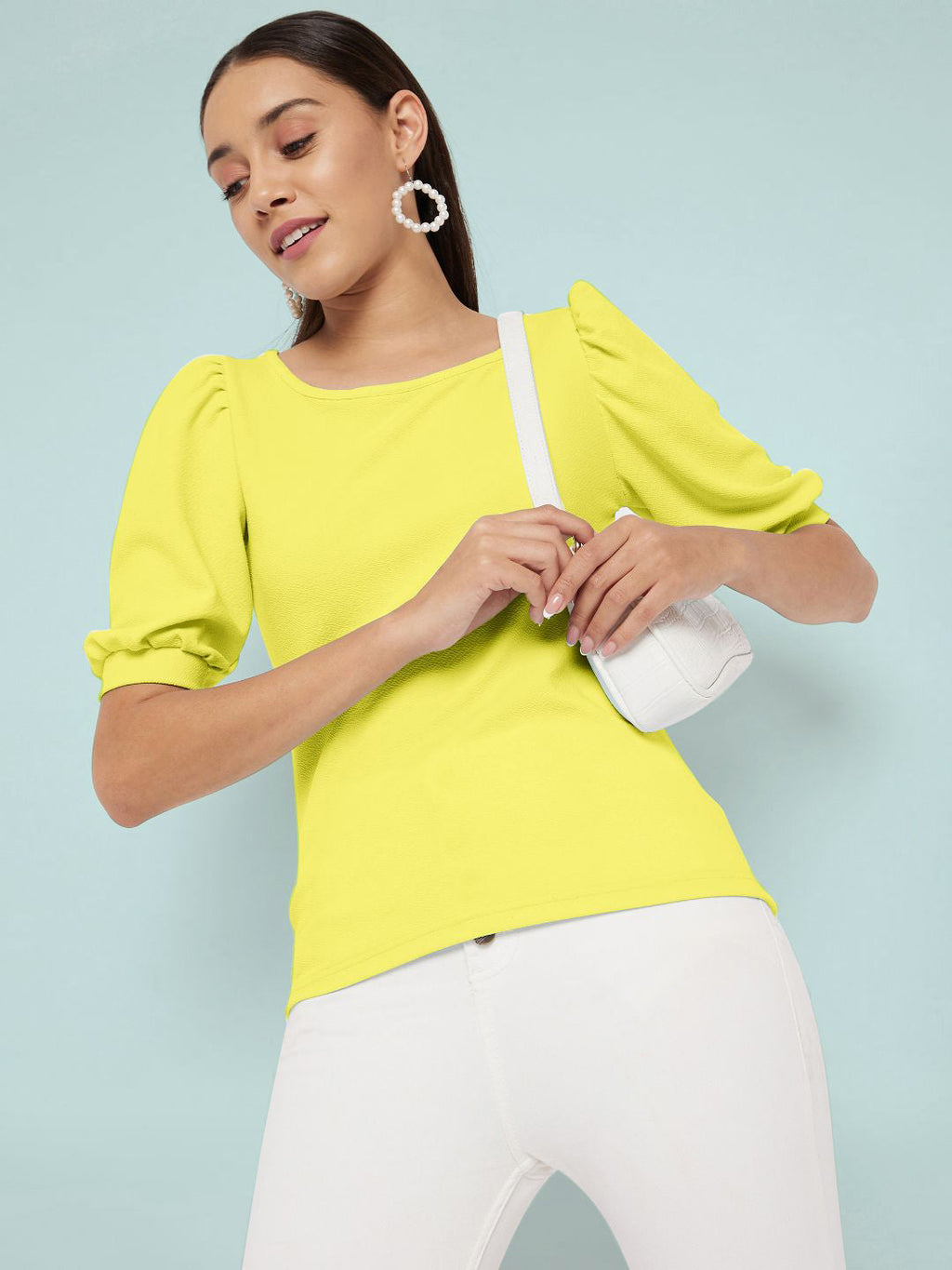 Cotton Solid Stretchable Round Neck Puff Sleeve Top - Pinkkup