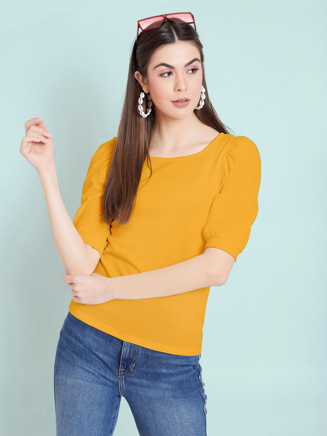 Cotton Solid Stretchable Round Neck Puff Sleeve Top - Pinkkup