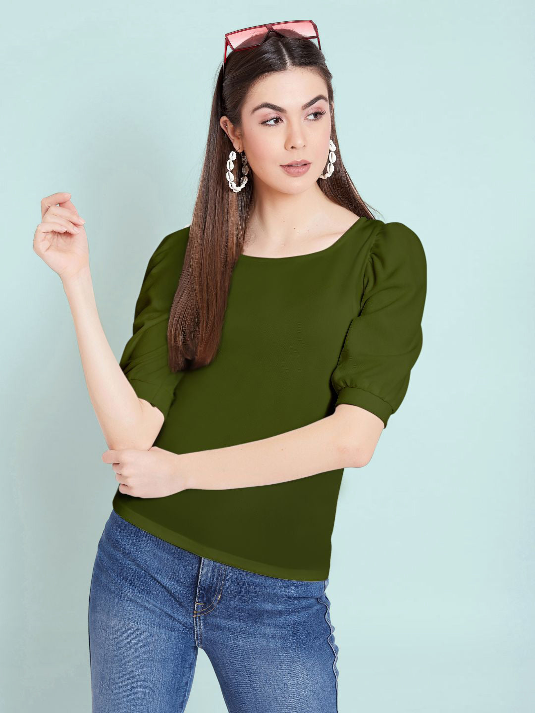 Cotton Solid Stretchable Round Neck Puff Sleeve Top - Pinkkup