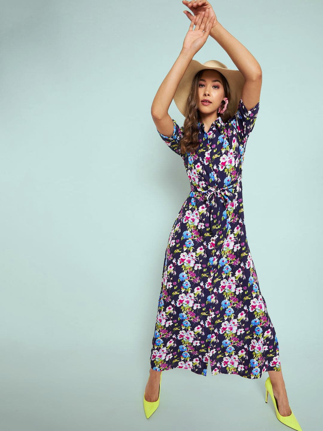 Collar Buttoned Down Shirt Maxi Dress - Pinkkup