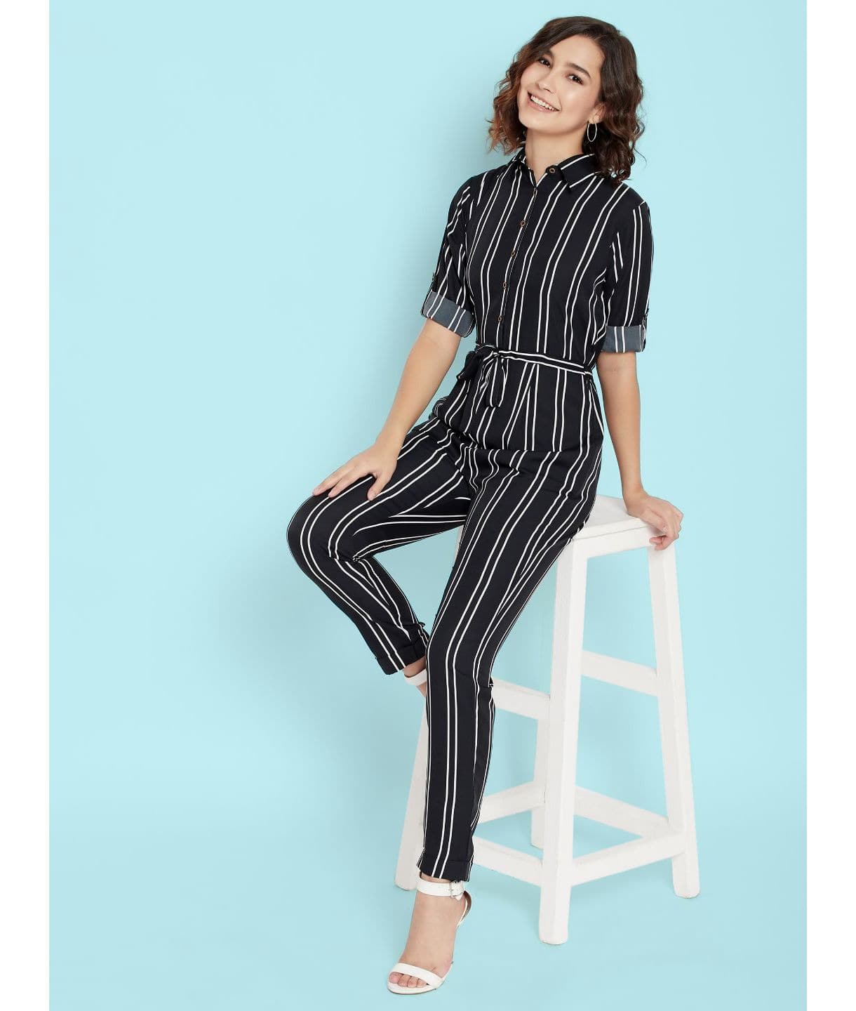 Striped Roll Up Jumpsuit - Pinkkup
