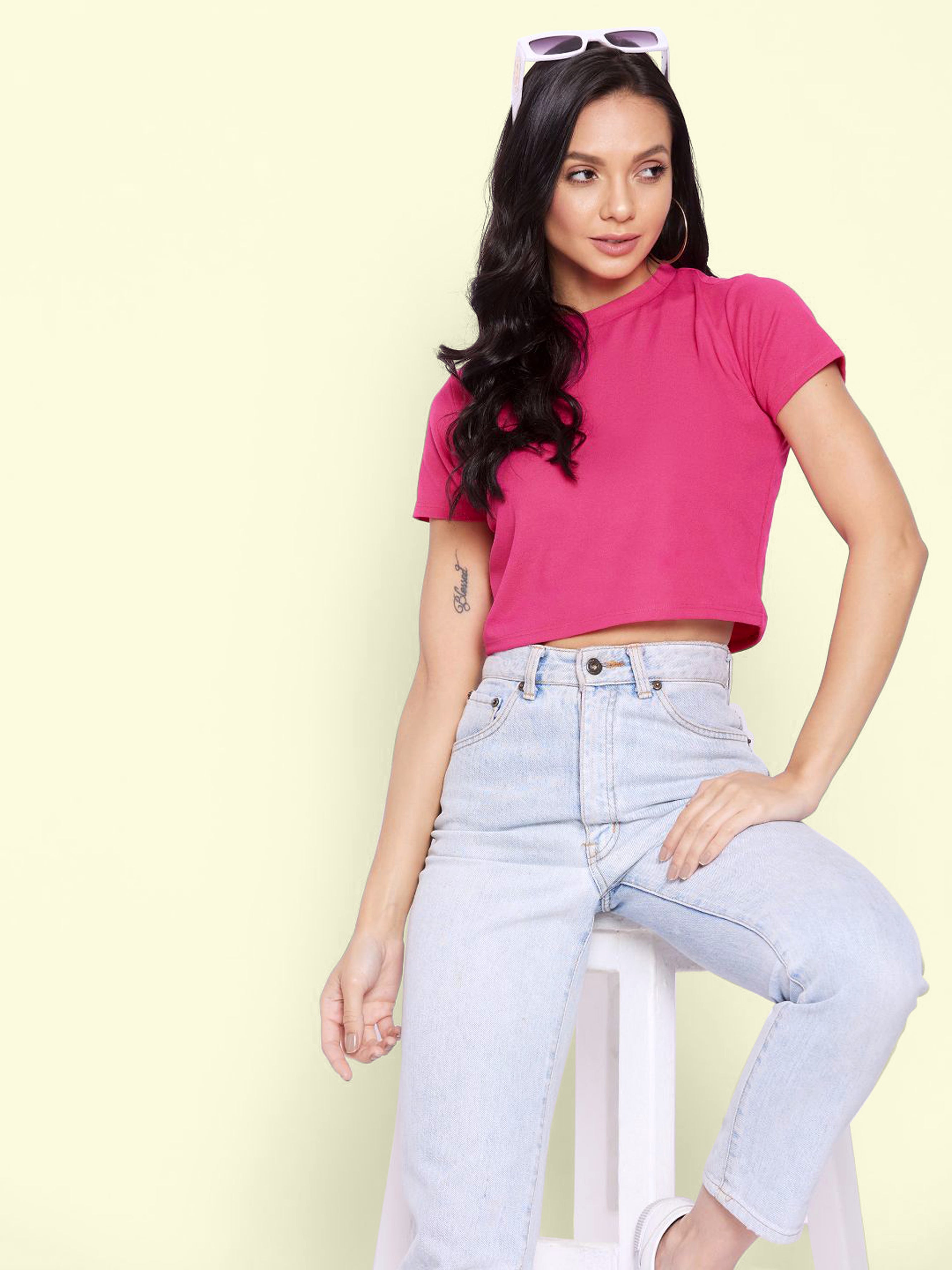Solid Cotton Stretchable Crop Top - Pinkkup