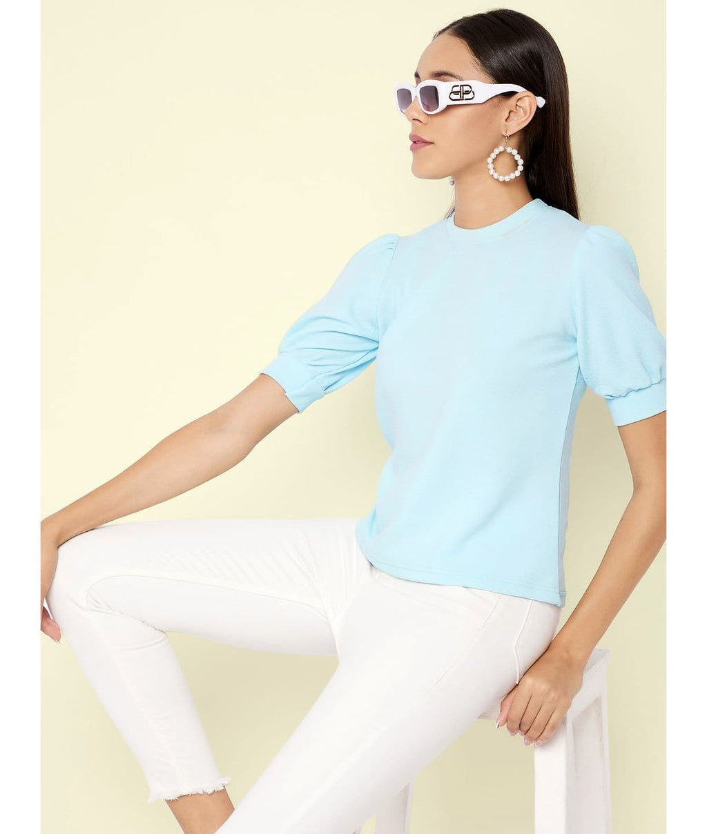 Cotton Solid Stretchable High Neck Puff Sleeve Top - Pinkkup
