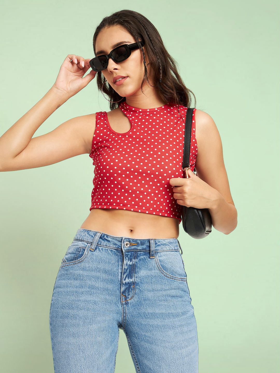 Printed Cotton Stretchable Shoulder Cutout Crop Top - Pinkkup
