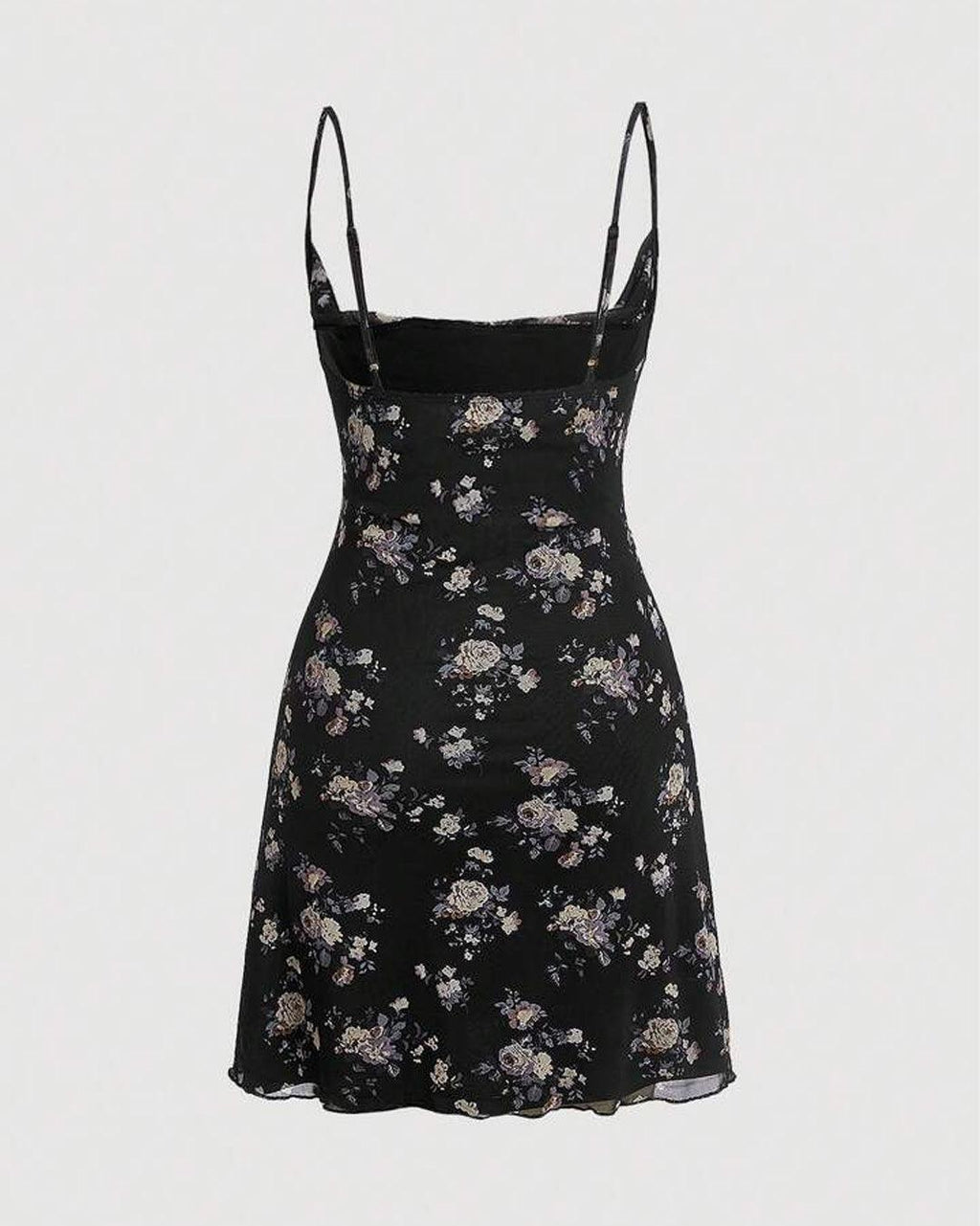 Floral Print Cami Black Swing Collar Mesh Print Dress