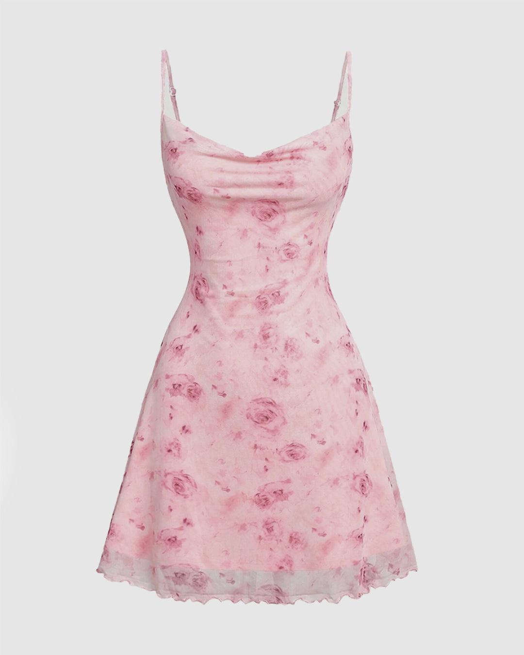 Floral Print Cowl Neck Spaghetti Strap Mini Dress