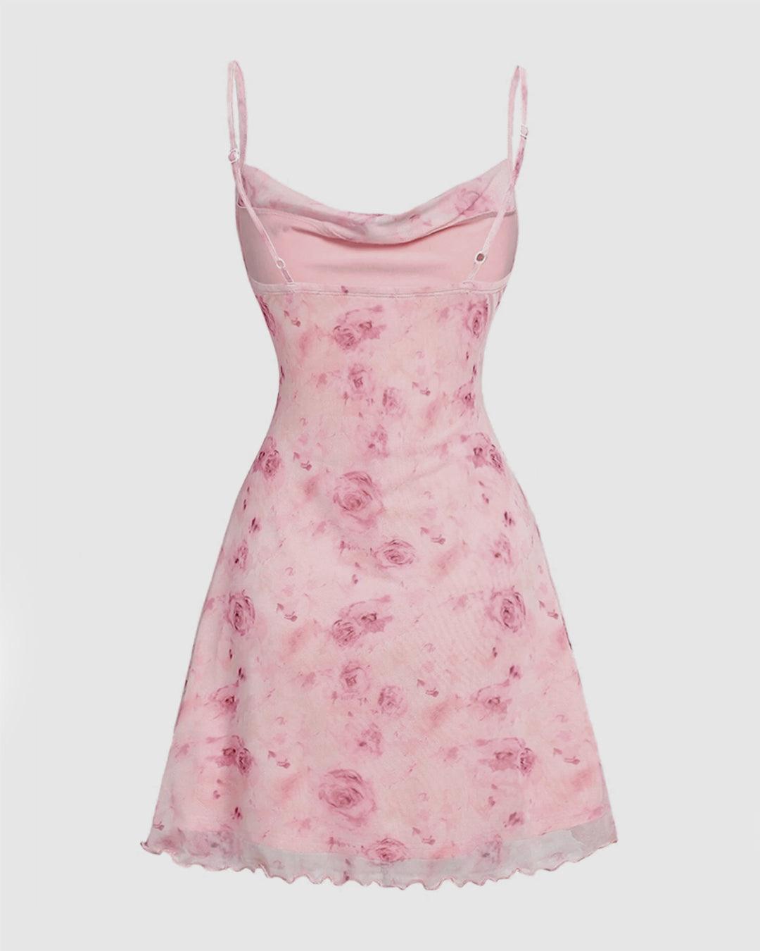 Floral Print Cowl Neck Spaghetti Strap Mini Dress