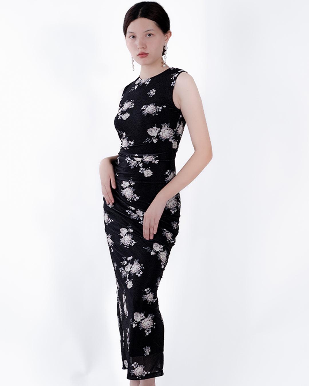 Floral Print Mesh Ruched Black Bodycon Dress