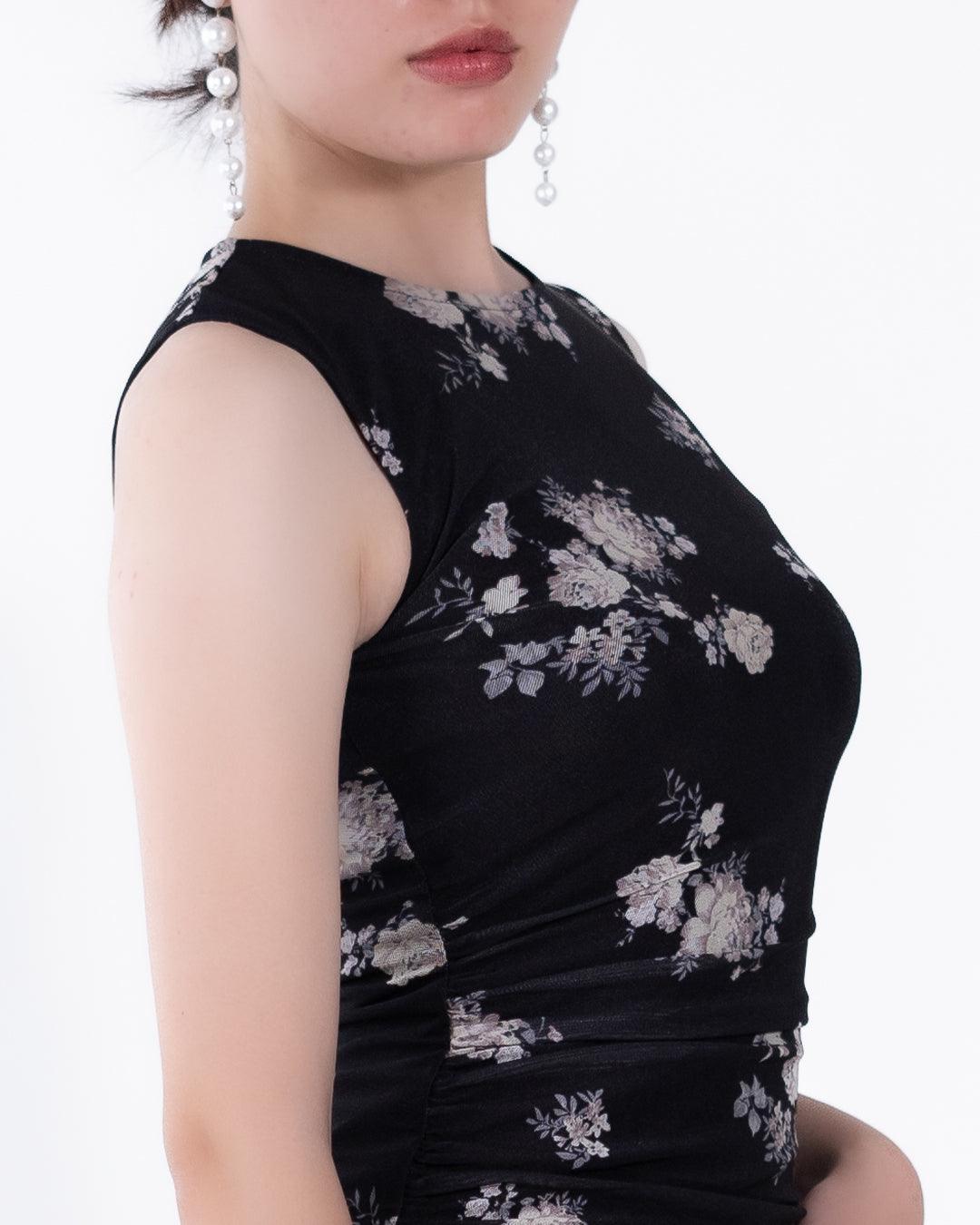Floral Print Mesh Ruched Black Bodycon Dress