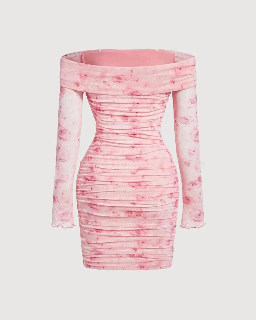 Floral Print Off Shoulder Ruched Mesh Bodycon Dress