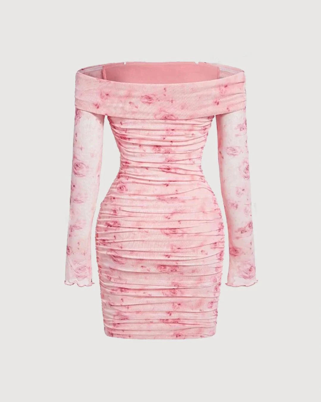 Floral Print Off Shoulder Ruched Mesh Bodycon Dress