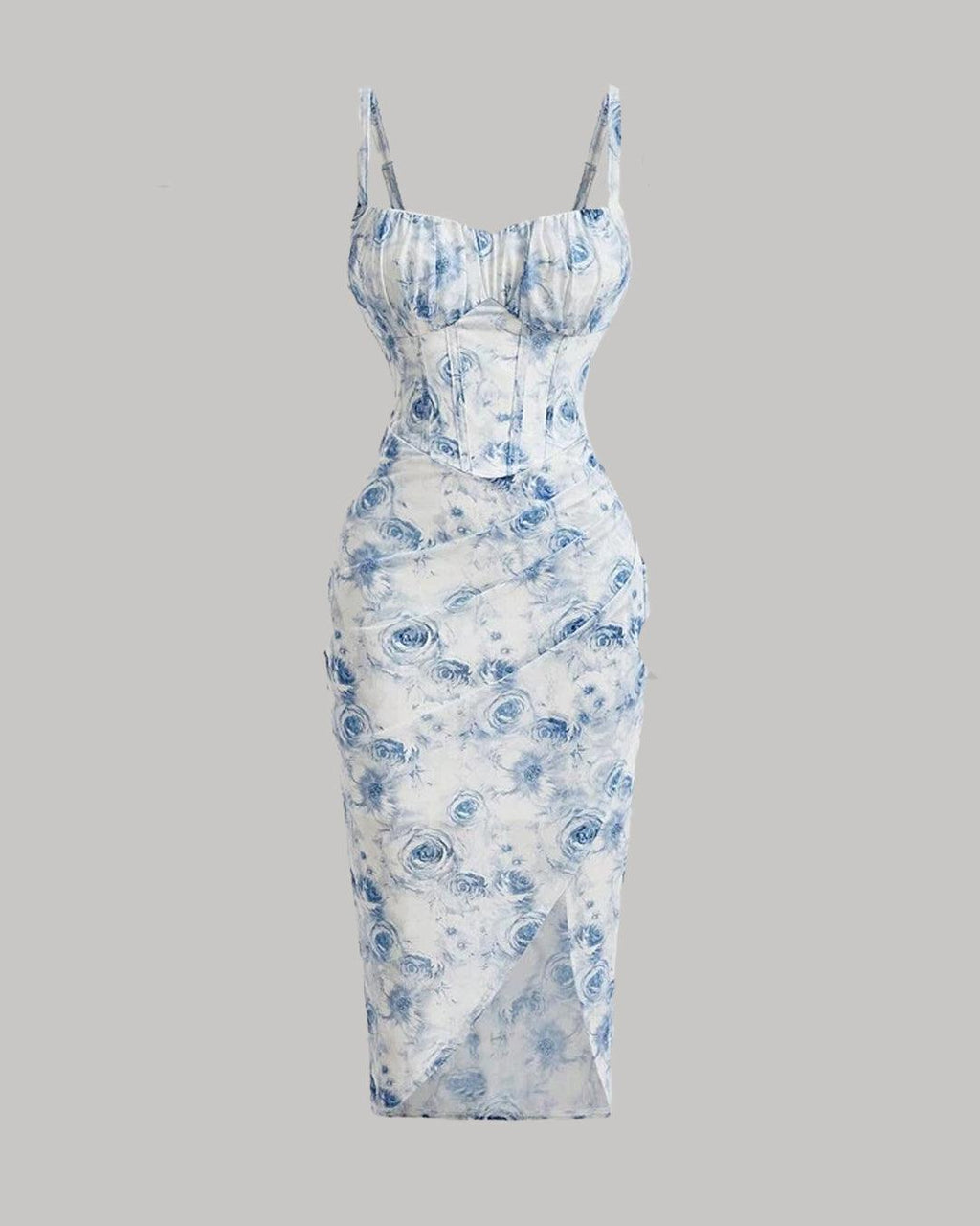 Floral Print Spaghetti Strap Empire Waist Asymmetrical Blue Dress
