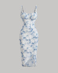 Floral Print Spaghetti Strap Empire Waist Asymmetrical Blue Dress