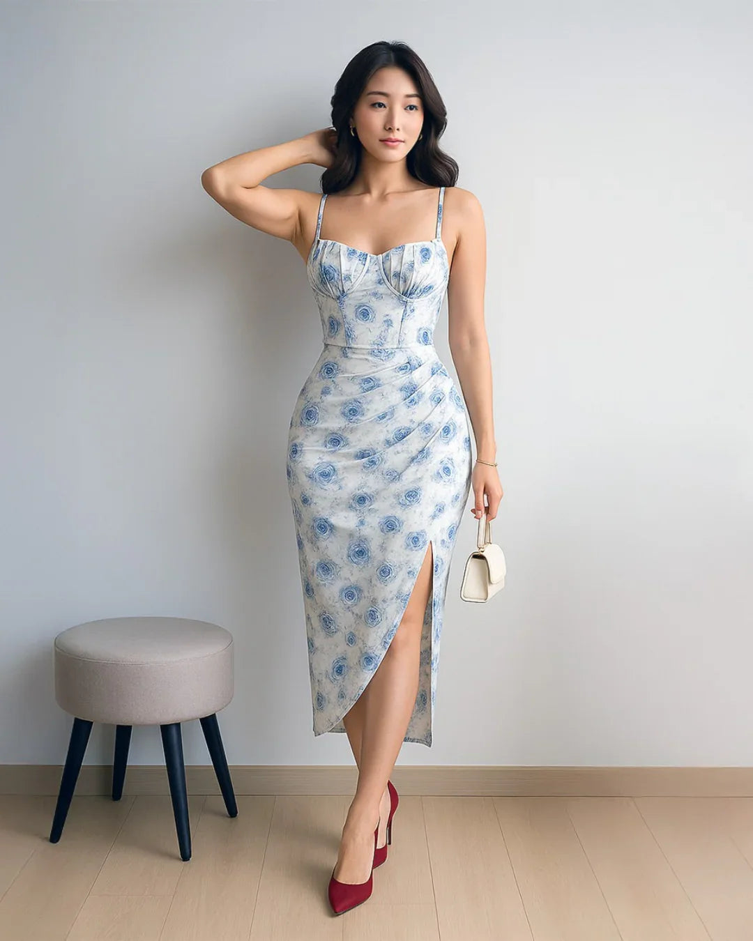 Floral Print Spaghetti Strap Empire Waist Asymmetrical Blue Dress