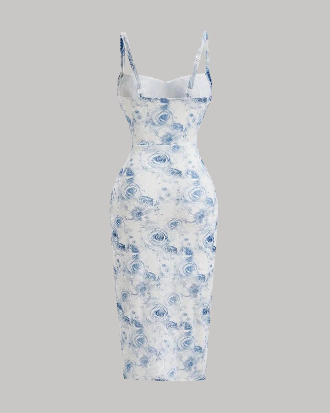 Floral Print Spaghetti Strap Empire Waist Asymmetrical Blue Dress