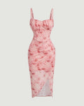 Floral Print Spaghetti Strap Empire Waist Asymmetrical Pink Dress