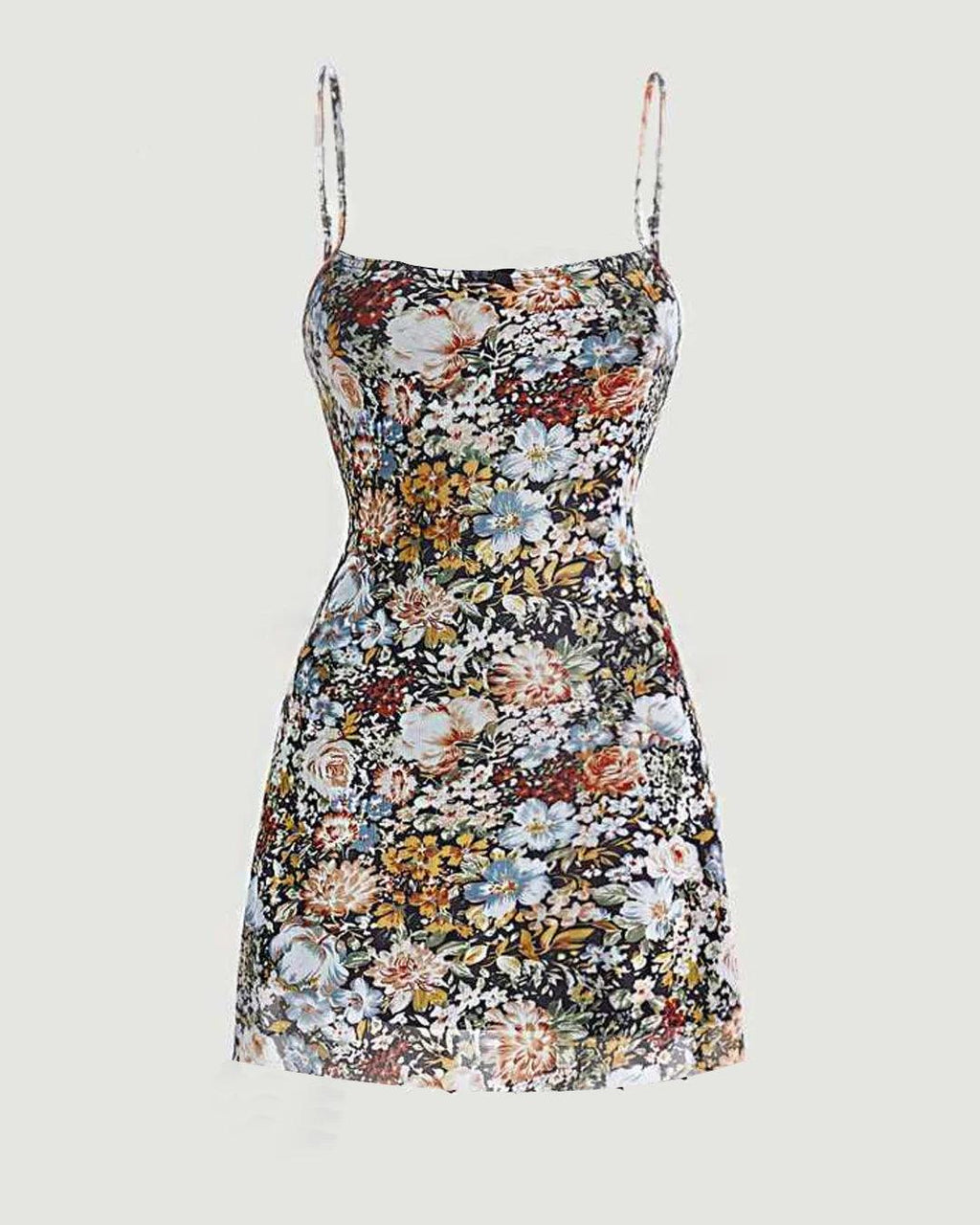 Floral Print With Lettuce Leaf Spaghetti Dress
