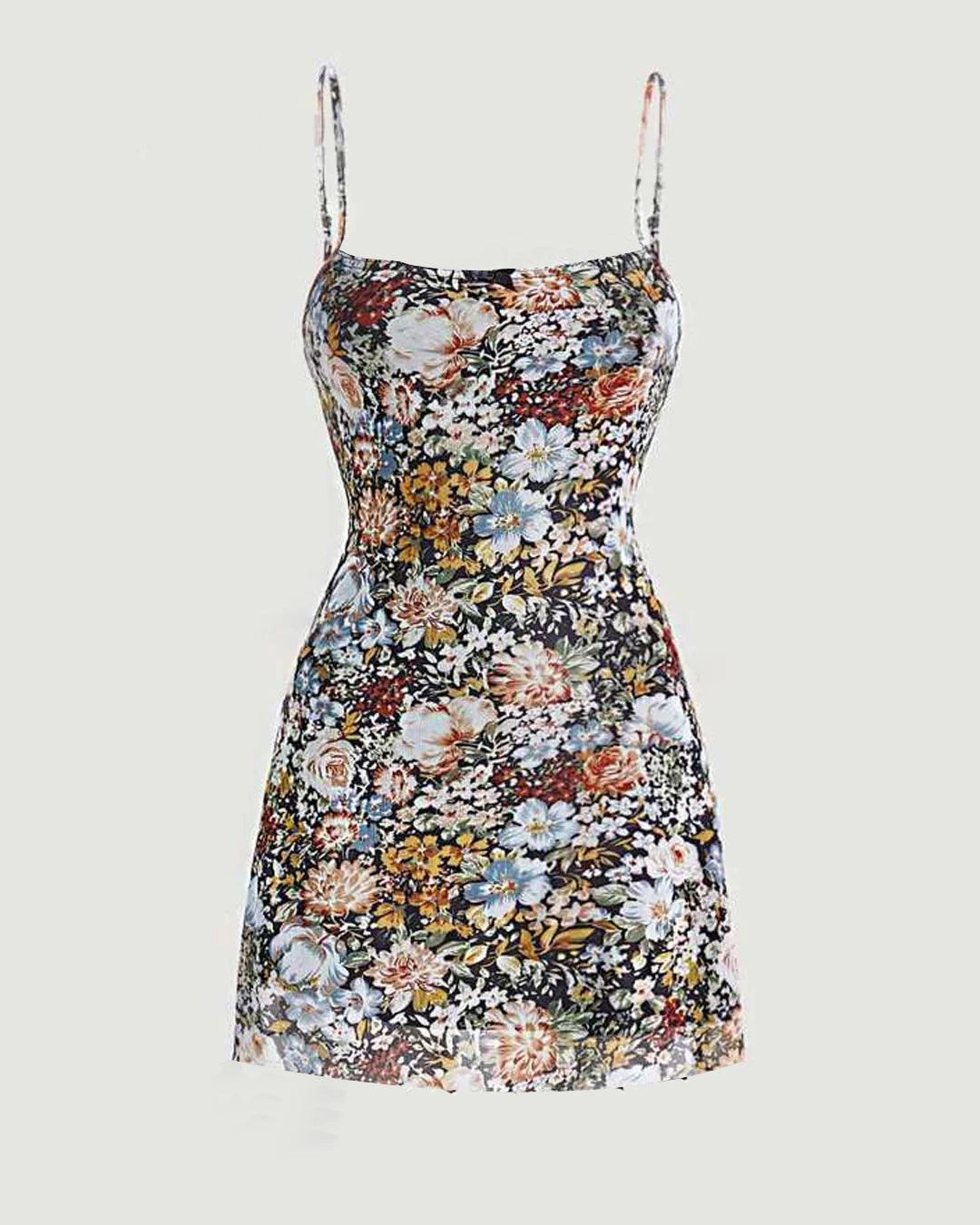 Floral Print With Lettuce Leaf Spaghetti Dress