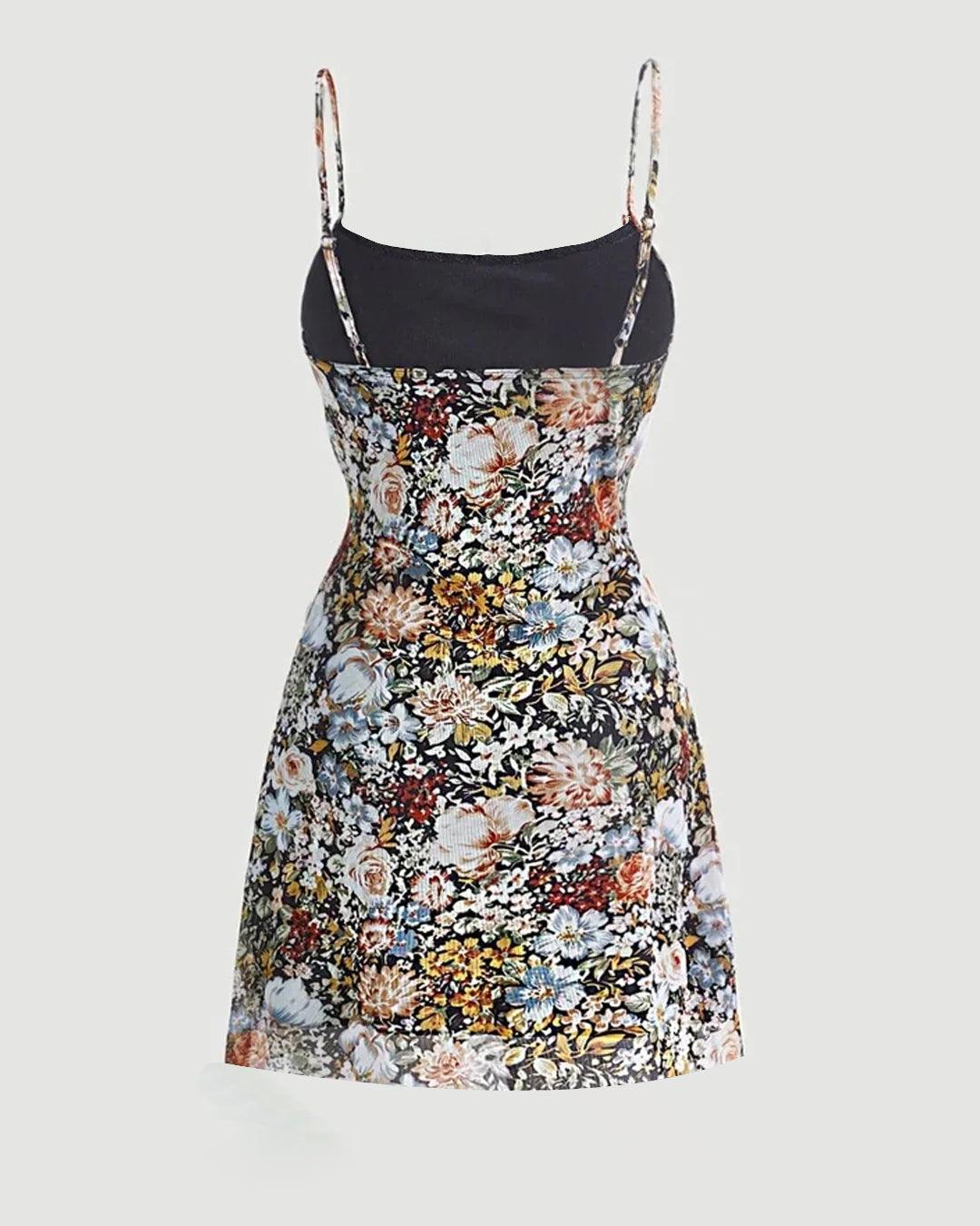 Floral Print With Lettuce Leaf Spaghetti Dress
