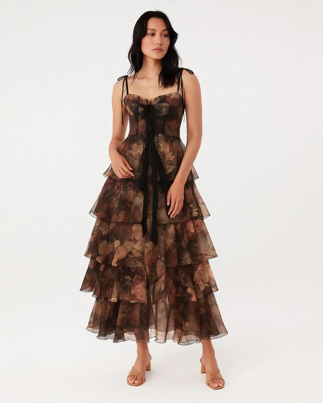Floral Corset Fit Tiered Ruffle Midi Gown With Detachable Skirt