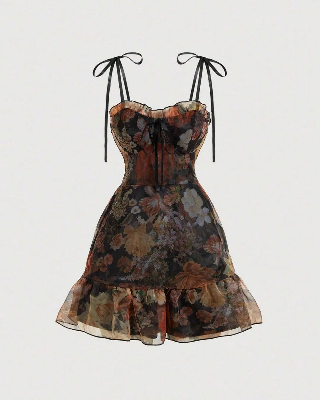 Floral Corset Fit Tiered Ruffle Midi Gown With Detachable Skirt