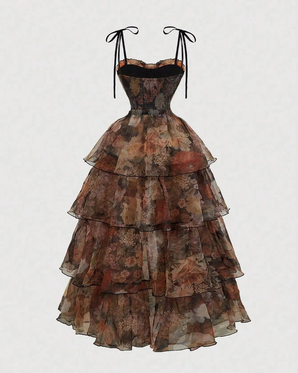 Floral Corset Fit Tiered Ruffle Midi Gown With Detachable Skirt