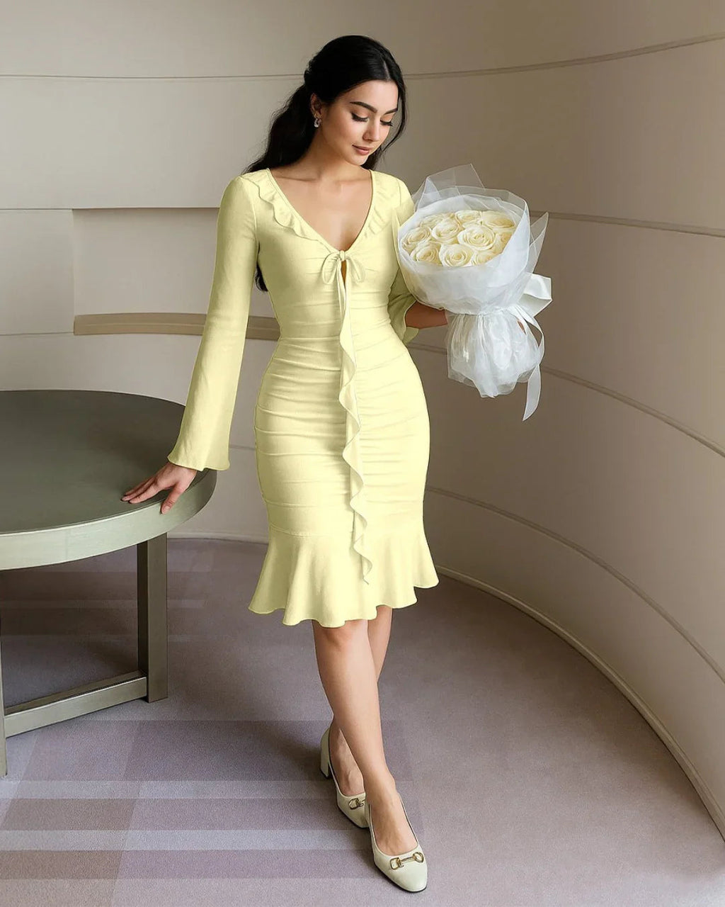 Ruffled V Neck Tie Up Long Sleeve Mini Dress in French Vanilla