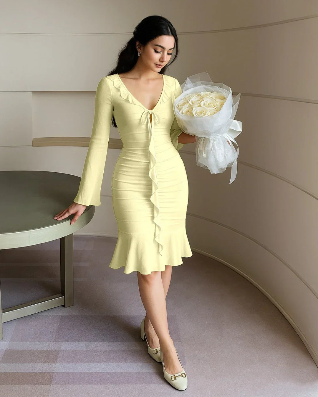 Ruffled V Neck Tie Up Long Sleeve Mini Dress in French Vanilla