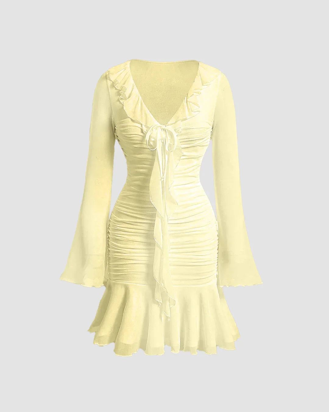 Ruffled V Neck Tie Up Long Sleeve Mini Dress in French Vanilla
