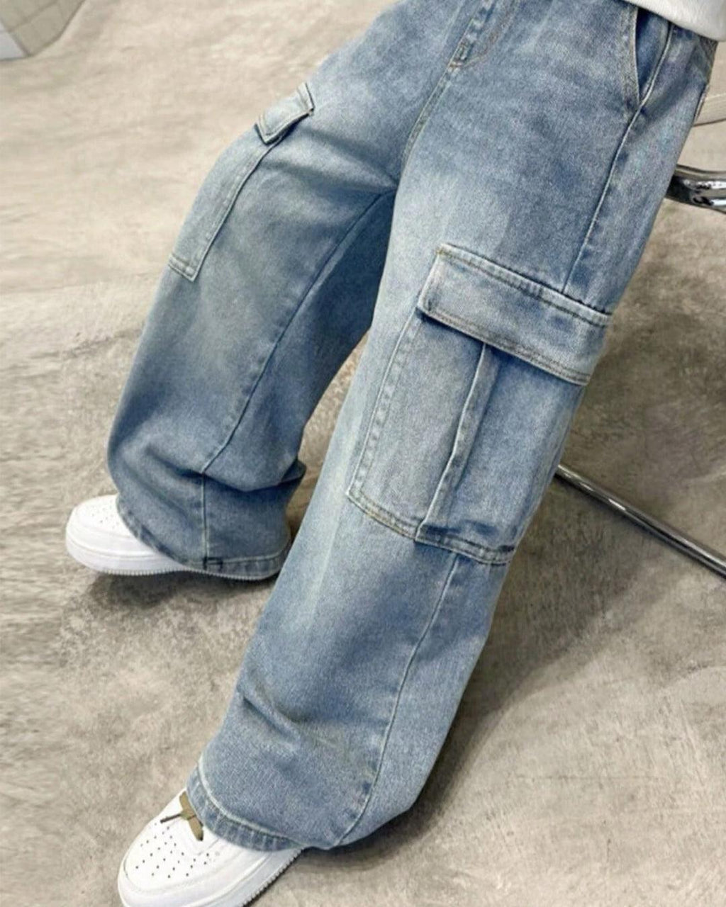 Men Casual Wide-Leg Loose Cargo Trouser In Blue