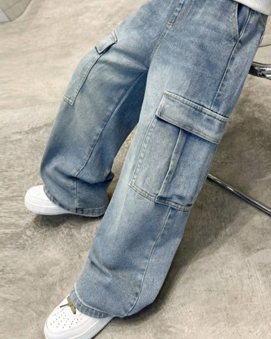 Men Casual Wide-Leg Loose Cargo Trouser In Blue