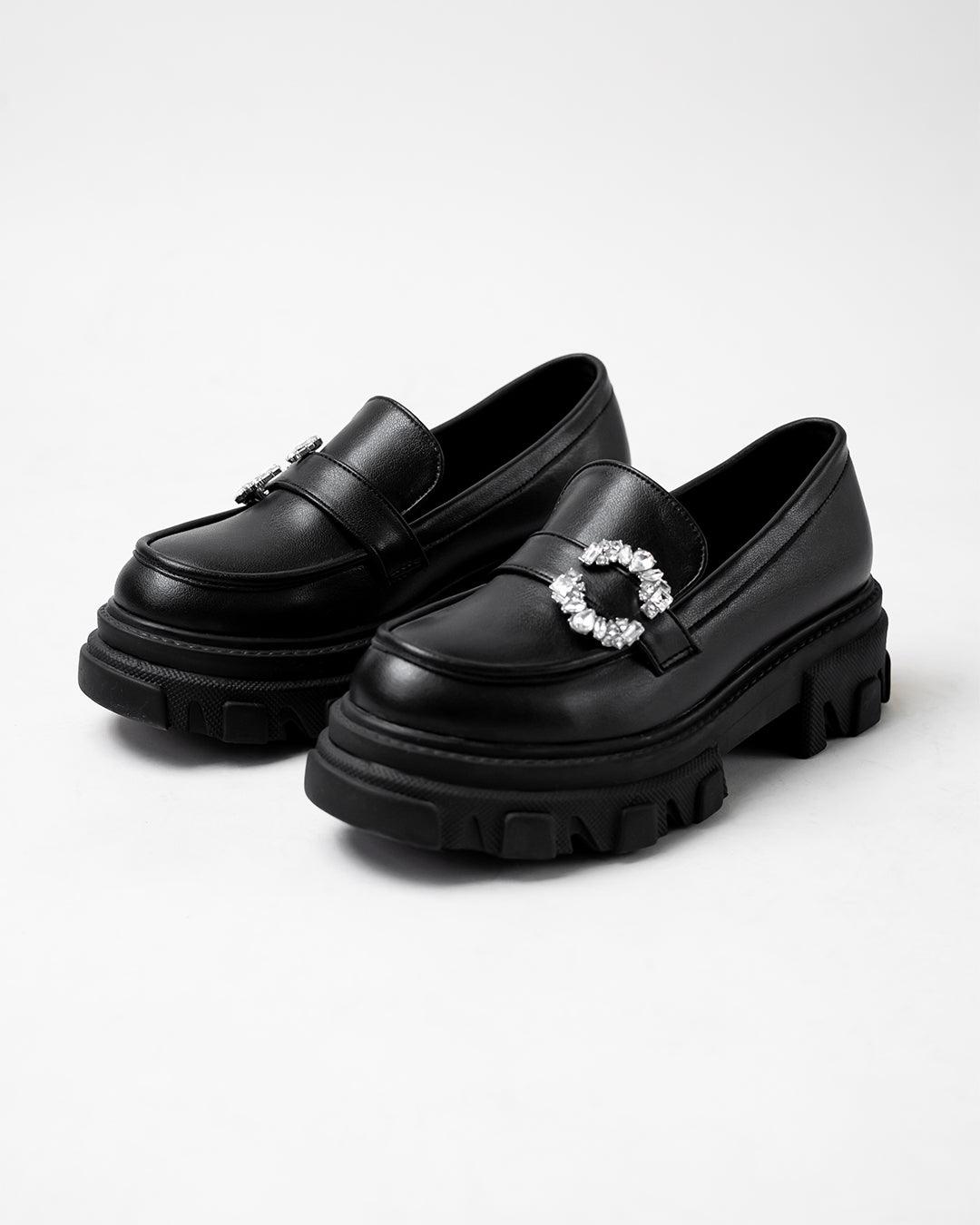 Buckle Embellished Black Chunky Loafers