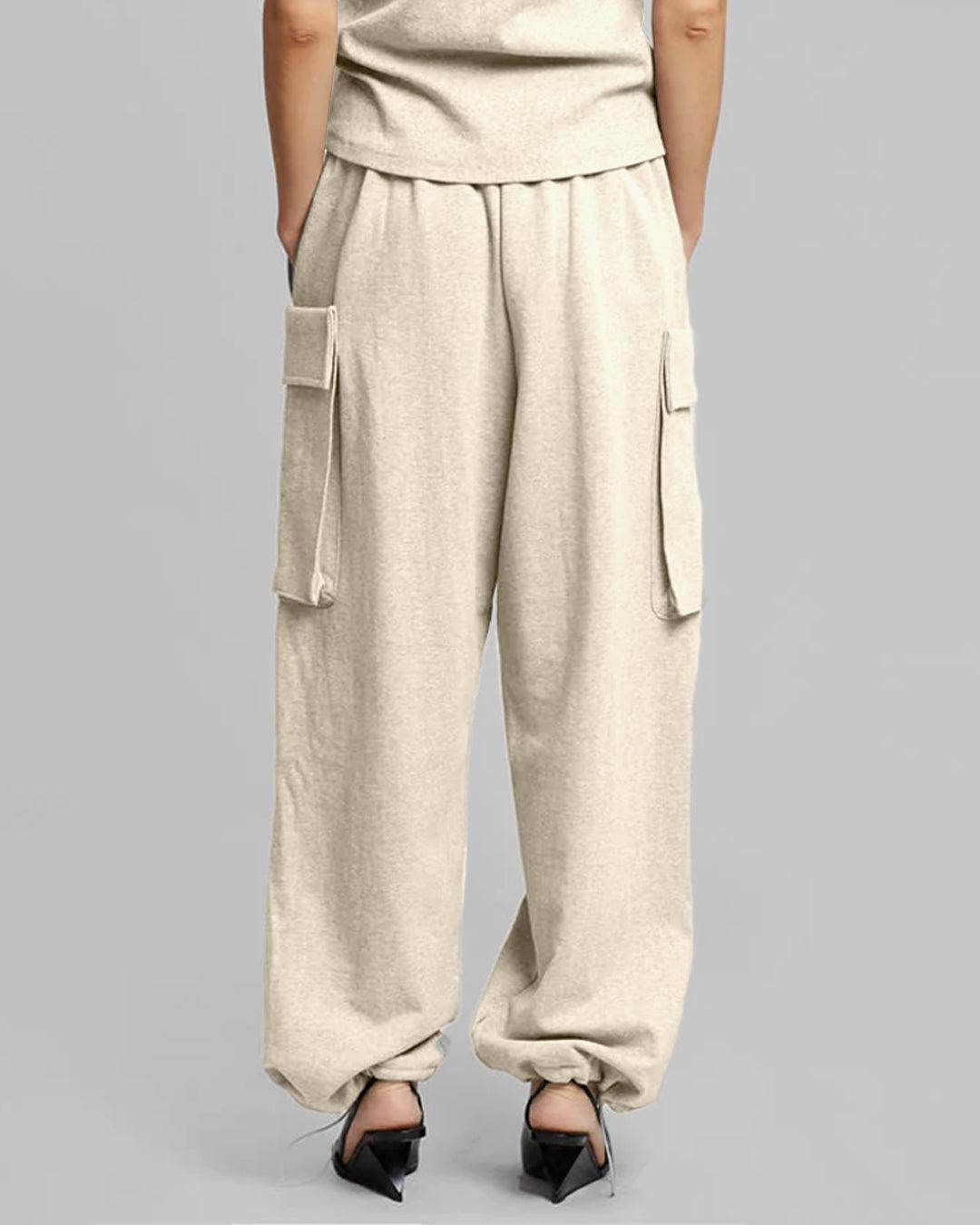 High Waist Wide Balloon Fit Cargo Pants In Off-white