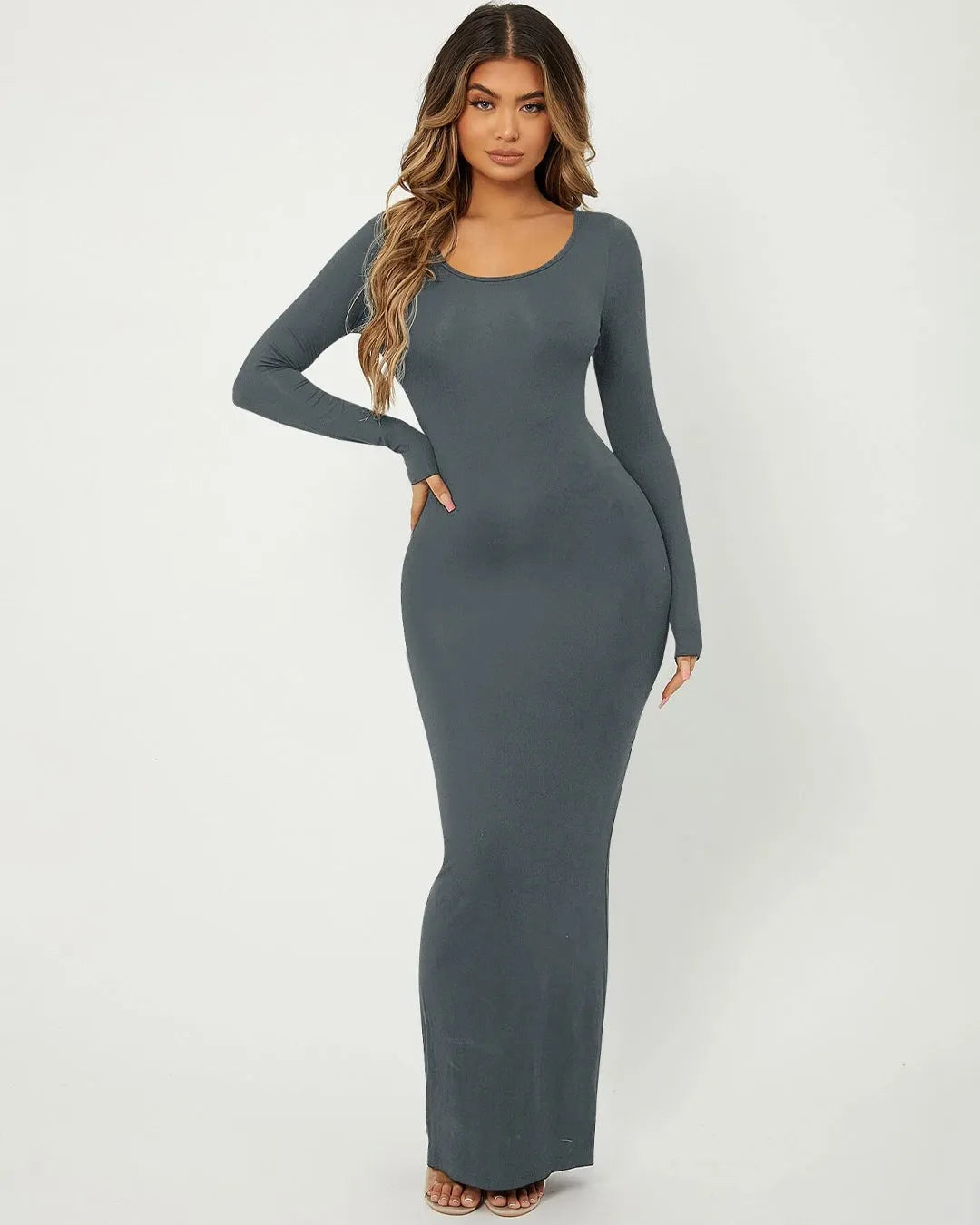 Trending Hollywood Style Bodycon Full Sleeve Dress In Grey