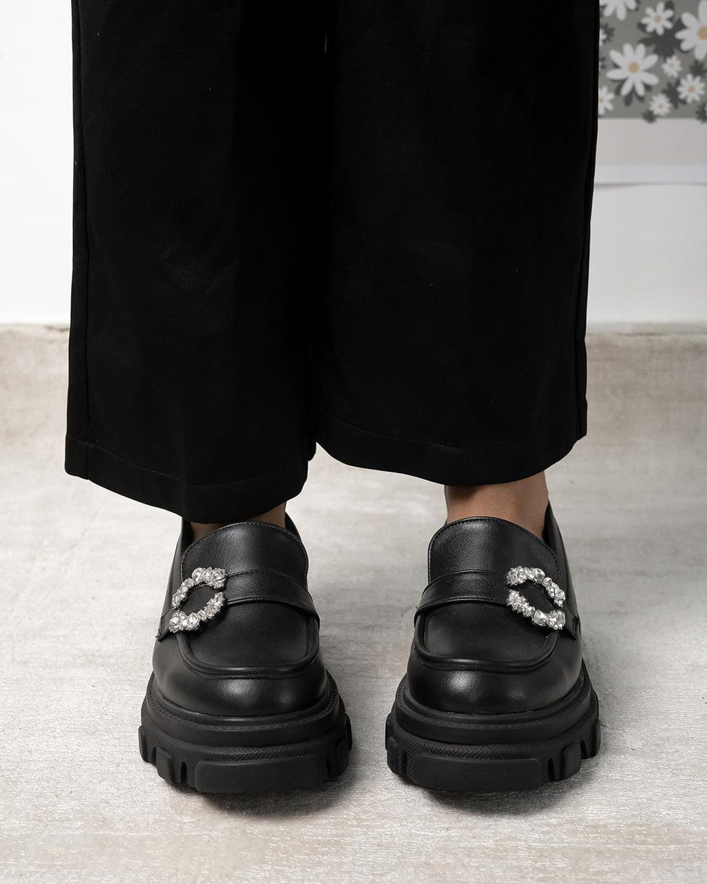 Buckle Embellished Black Chunky Loafers
