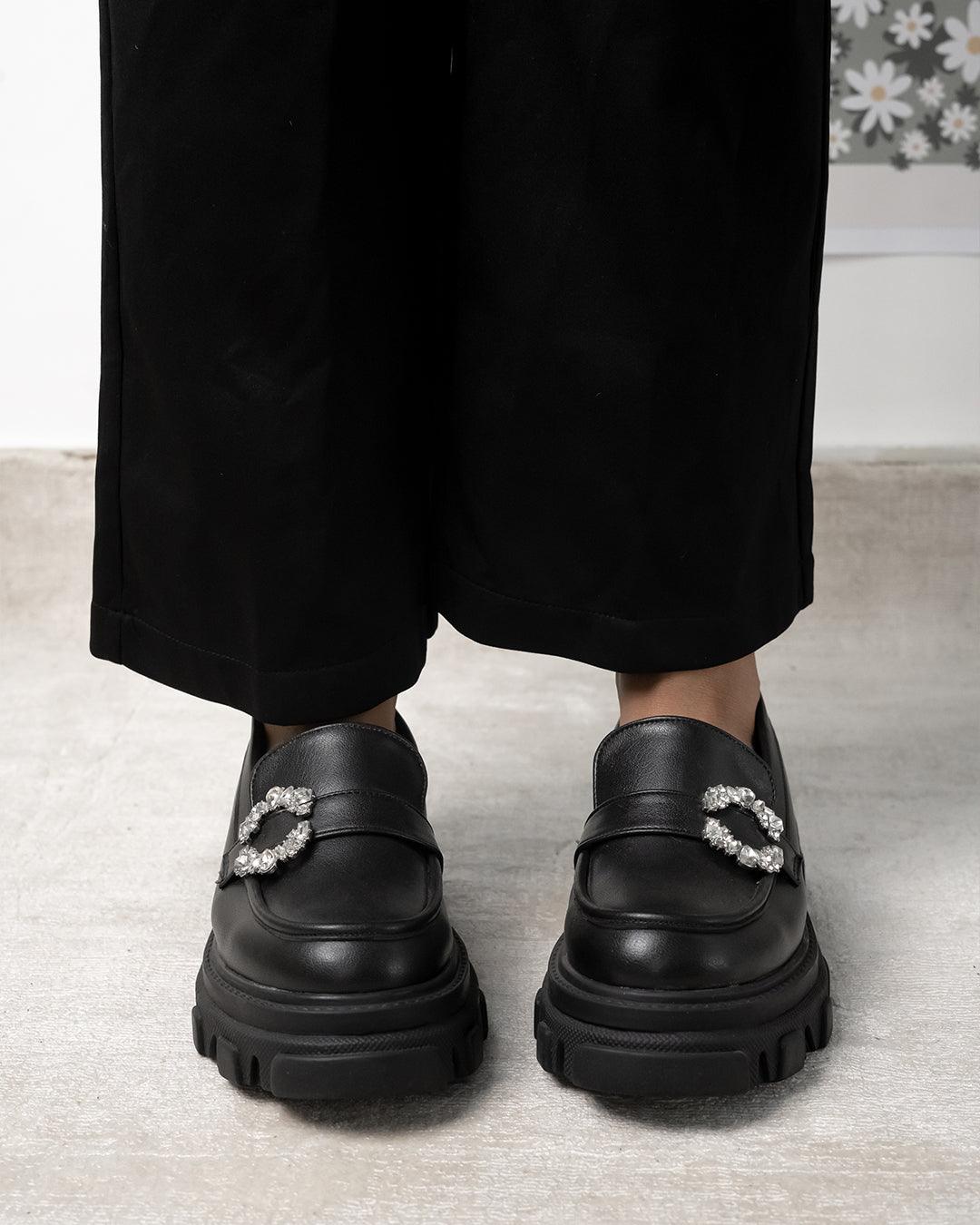 Buckle Embellished Black Chunky Loafers