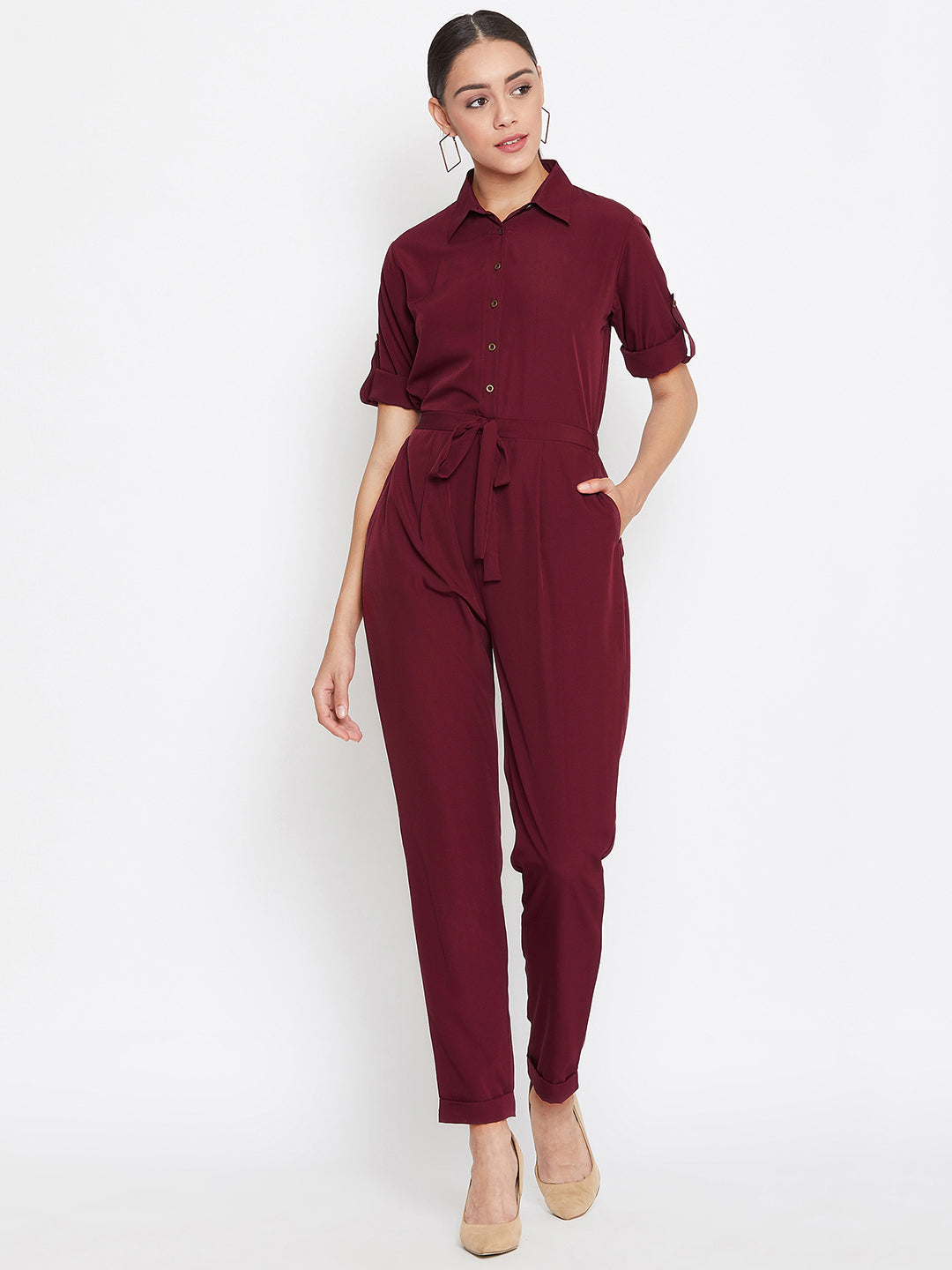 Button Down Roll-up Jumpsuit - Pinkkup