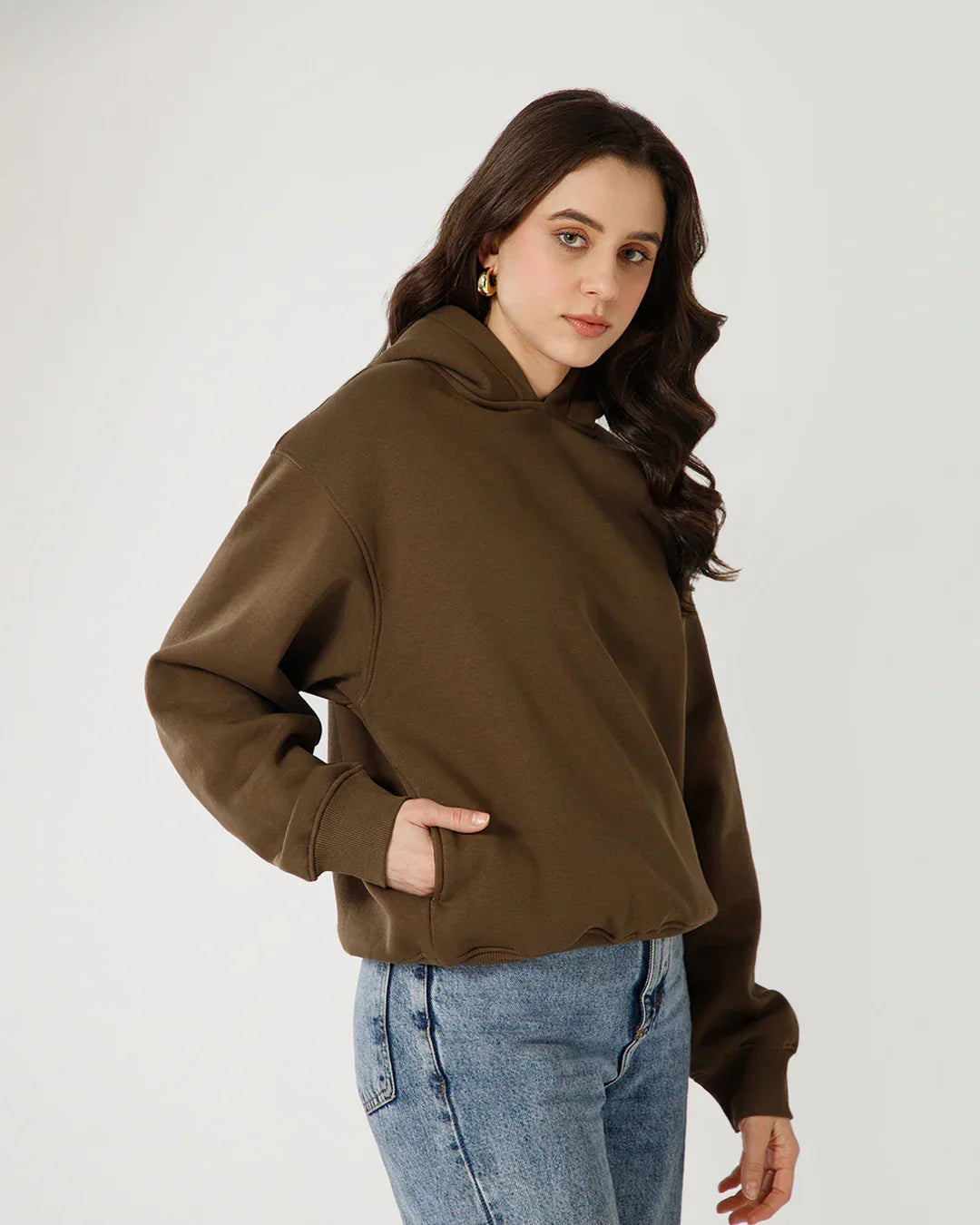 Womens Solid Drawstring Full Sleeve Hoodie in Dark Mouse