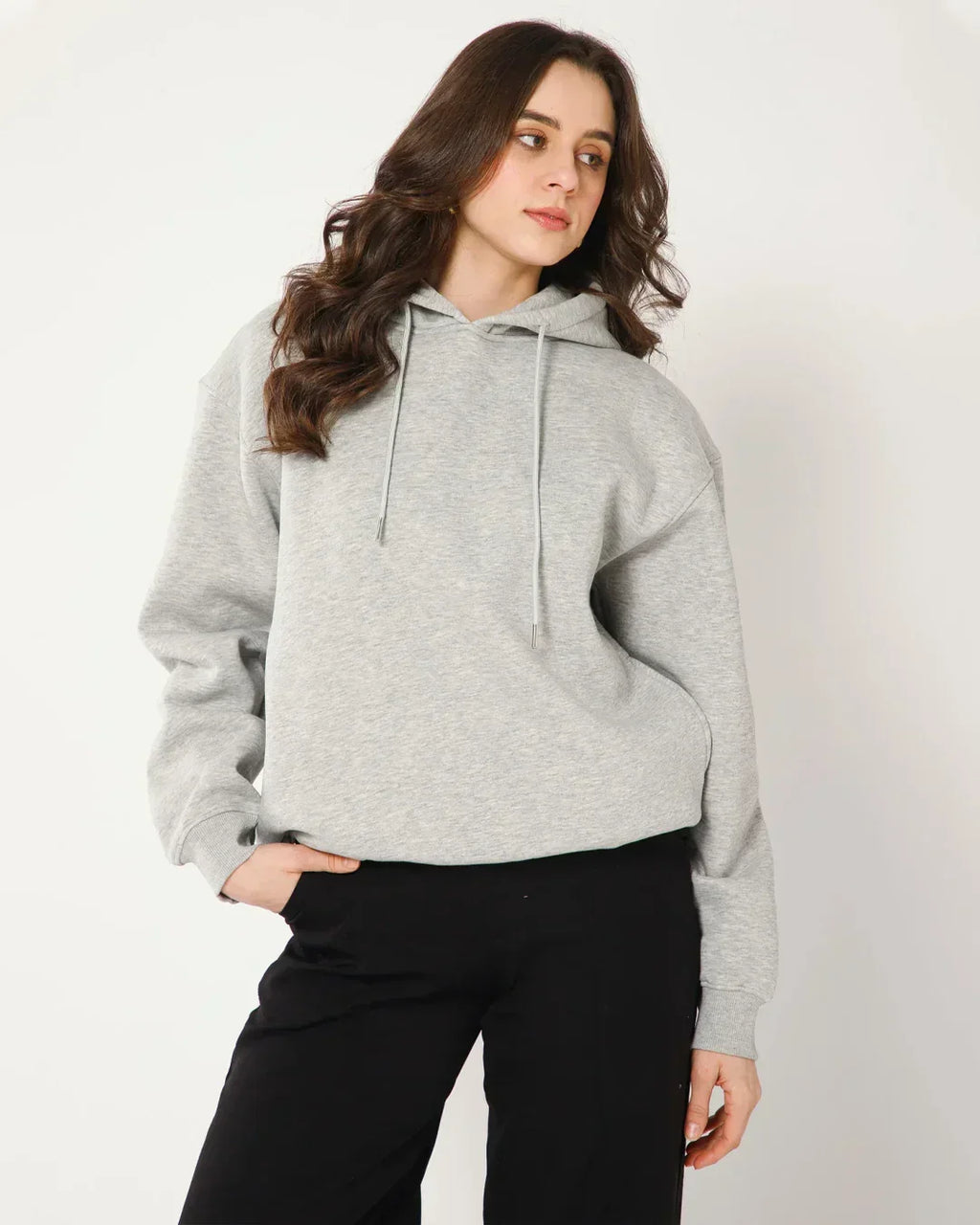 Womens Solid Drawstring Full Sleeve Hoodie in Milange