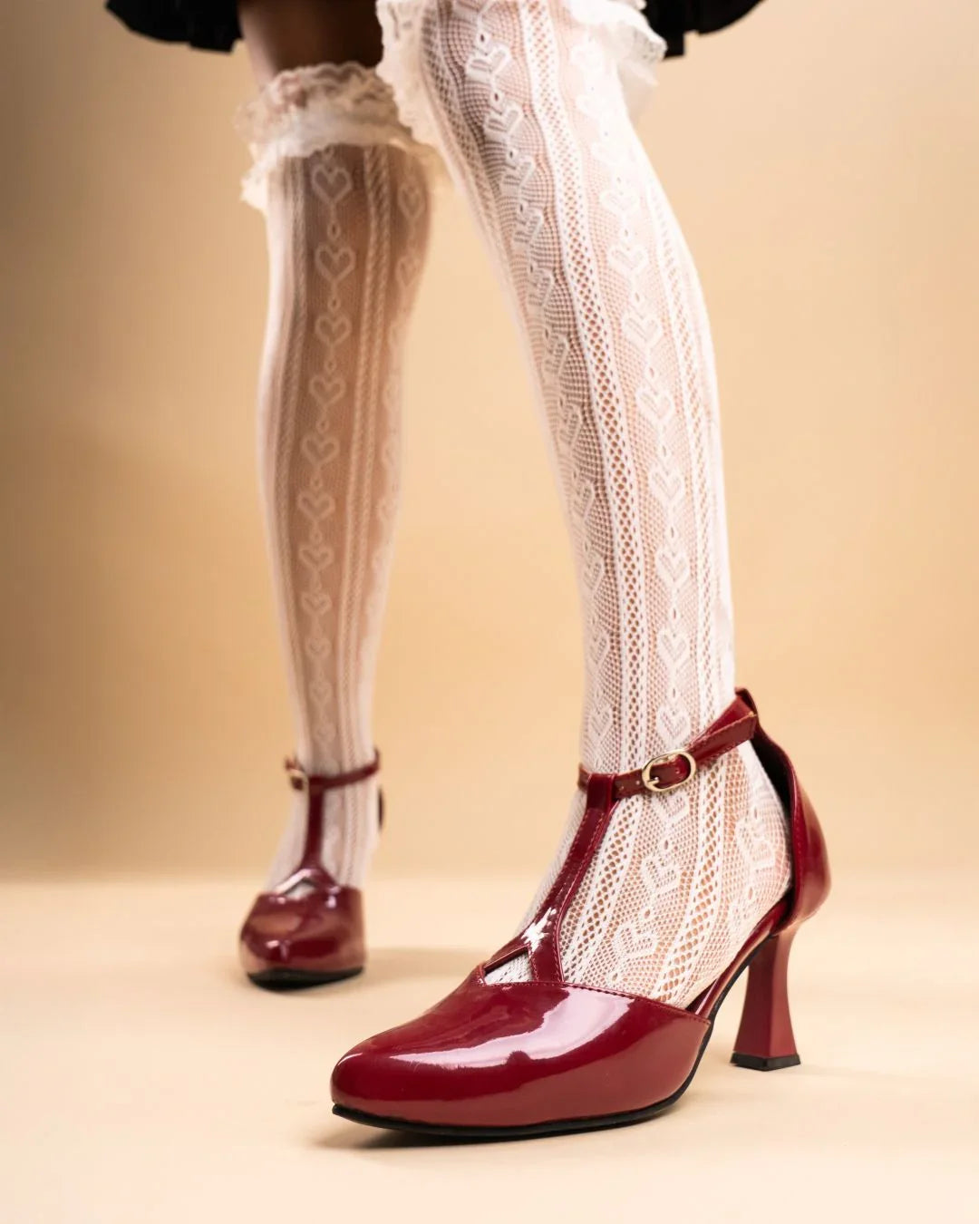 Mary Jane Vintage T Strap Closed Round Toe Heels In Cherry