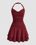 Halter Neck Mini Dress with Ruffle Hem in Maroon