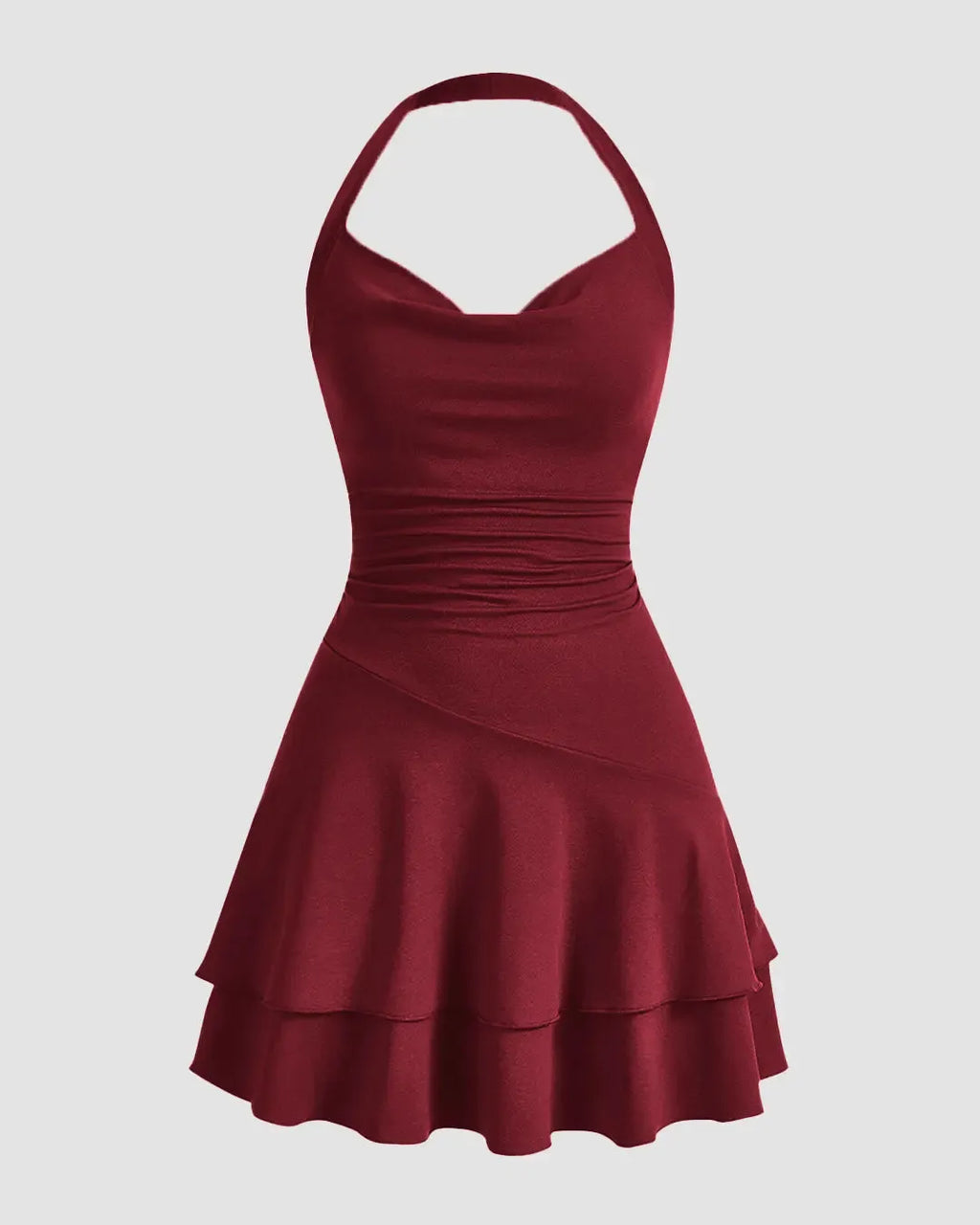 Halter Neck Mini Dress with Ruffle Hem in Maroon
