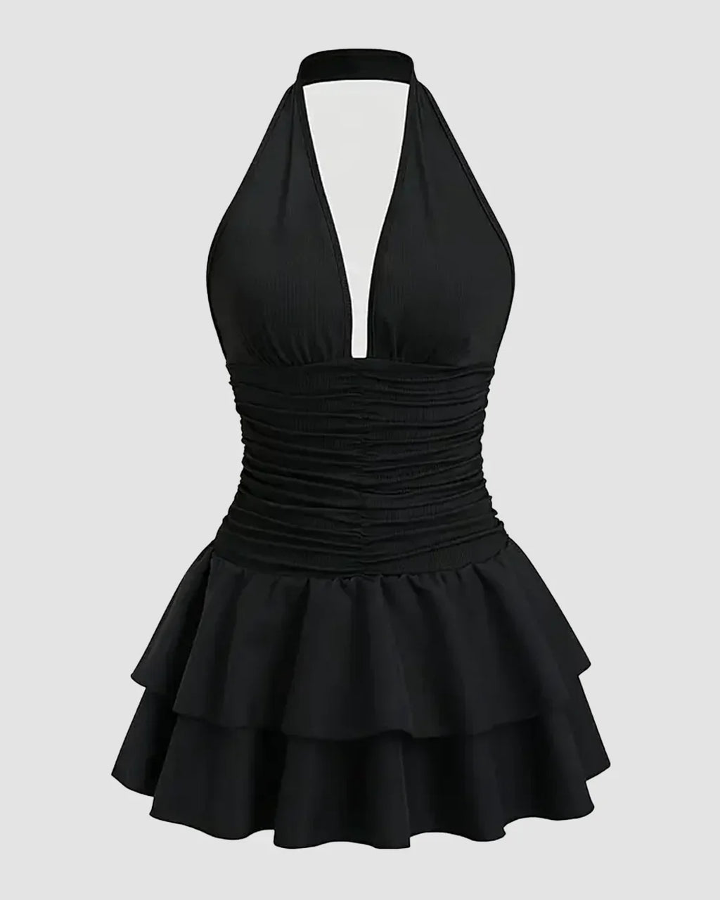 Halter Neck Dress Ruched Waist Tiered Mini in Black